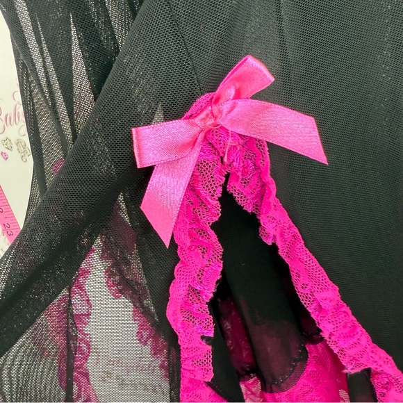 B delicious mini dress Sheer Black Chemise with Pink Lace Trim Elegant Nightwear - Picture 8 of 15